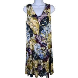 Anne Klein Green Leaf Print Sleeveless V Neck Dress Size 6 Polyester Blend